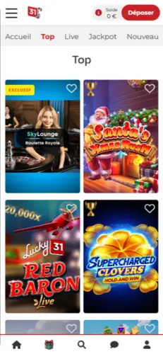 Section Top de Lucky31 présentant des jeux exclusifs et populaires avec accès rapide depuis la version mobile.