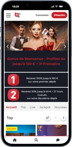 Page d’accueil Lucky31 sur mobile présentant le bonus de bienvenue et l’accès aux principales sections du casino.