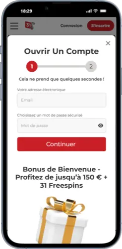 Écran de création de compte Lucky31 montrant la saisie de l’adresse e-mail et du mot de passe lors de l’inscription.