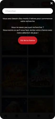 Fonction de recherche Lucky31 sur mobile permettant de trouver des jeux ou de lancer une sélection aléatoire.